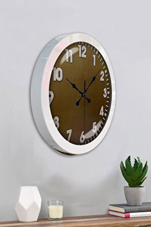 Hediyelik 36 Cm Beyaz Metal Kahverengi Duvar Saati