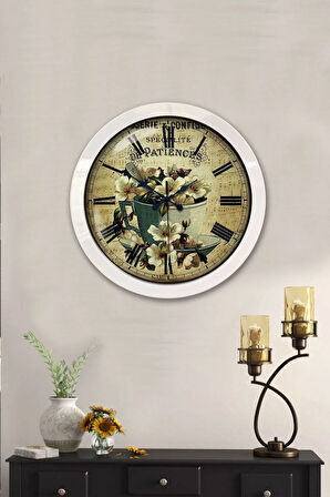 Hediyelik 36 Cm Beyaz Metal Flowers Duvar Saati