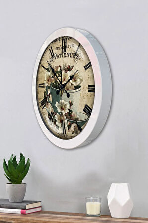 Hediyelik 36 Cm Beyaz Metal Flowers Duvar Saati