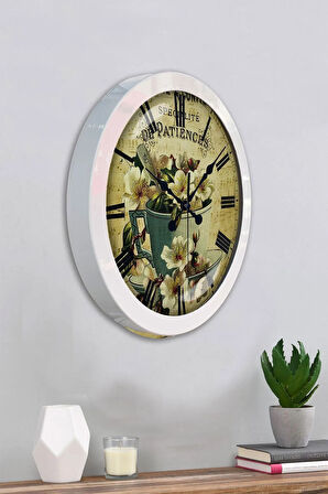 Hediyelik 36 Cm Beyaz Metal Flowers Duvar Saati