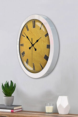 Hediyelik 36 Cm Beyaz Metal Sarı Duvar Saati