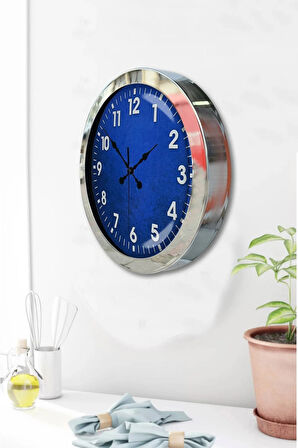 Hediyelik 36 Cm Krom Metal Mavi Duvar Saati