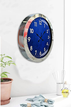 Hediyelik 36 Cm Krom Metal Mavi Duvar Saati