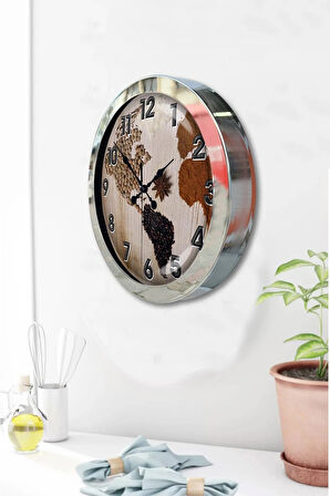 Hediyelik 36 Cm Krom Metal Harita Duvar Saati