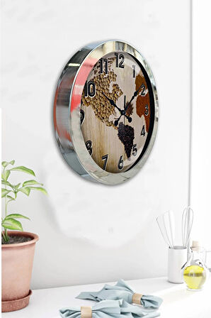 Hediyelik 36 Cm Krom Metal Harita Duvar Saati