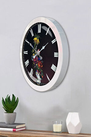 Hediyelik 36 Cm Beyaz Metal Vazolu Çiçek Duvar Saati