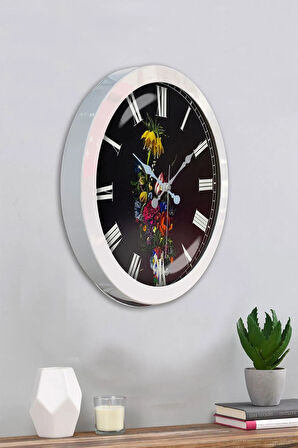 Hediyelik 36 Cm Beyaz Metal Vazolu Çiçek Duvar Saati