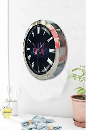 Hediyelik 36 Cm Krom Metal Gökdelenler Duvar Saati