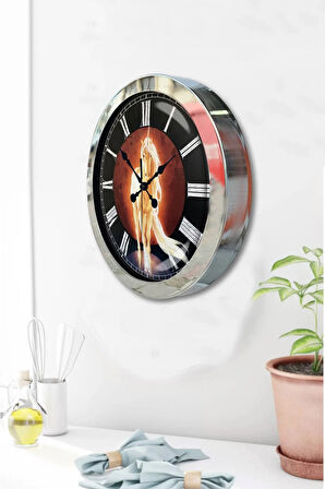 Hediyelik 36 Cm Krom Metal Horse Duvar Saati