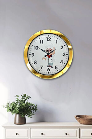 Hediyelik 36 Cm Gold Metal Aşçı Mutfak Duvar Saati