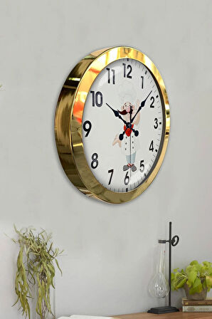 Hediyelik 36 Cm Gold Metal Aşçı Mutfak Duvar Saati