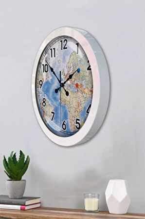 Hediyelik 36 Cm Beyaz Metal Harita Duvar Saati