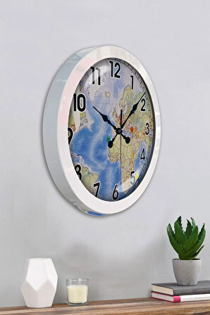 Hediyelik 36 Cm Beyaz Metal Harita Duvar Saati