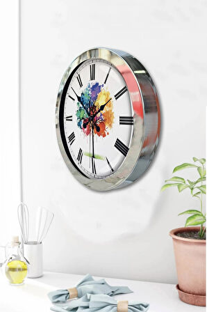 Hediyelik 36 Cm Krom Metal Renkli Ağaç Duvar Saati
