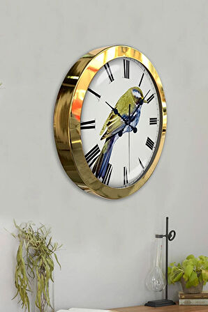 Hediyelik 36 Cm Gold Metal Kuş Duvar Saati