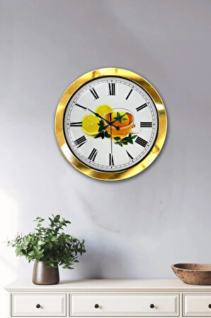 Hediyelik 36 Cm Gold Metal Limonlu Çay Duvar Saati
