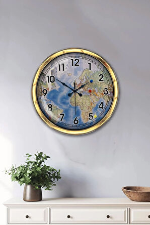 Hediyelik 40 Cm Gold Metal Harita Duvar Saati