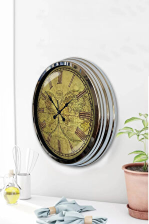Hediyelik 40 Cm Krom Metal Maps Duvar Saati