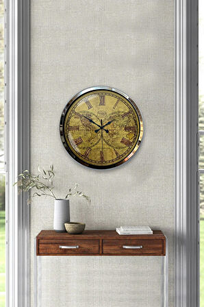 Hediyelik 40 Cm Krom Metal Maps Duvar Saati