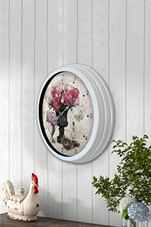 Hediyelik 40 Cm Beyaz Metal Pembe Çiçek Duvar Saati