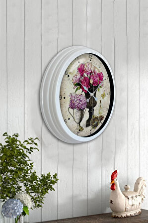 Hediyelik 40 Cm Beyaz Metal Pembe Çiçek Duvar Saati