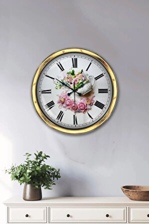 Hediyelik 40 Cm Gold Metal Rose Duvar Saati
