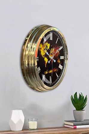 Hediyelik 40 Cm Gold Metal Dünya Haritası Duvar Saati