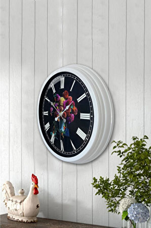 Hediyelik 40 Cm Beyaz Metal Vazolu Çiçek Duvar Saati
