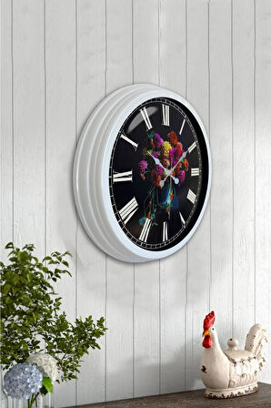 Hediyelik 40 Cm Beyaz Metal Vazolu Çiçek Duvar Saati