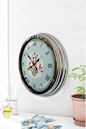 Hediyelik 40 Cm Krom Metal Pink Rose Duvar Saati