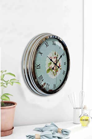 Hediyelik 40 Cm Krom Metal Pink Rose Duvar Saati