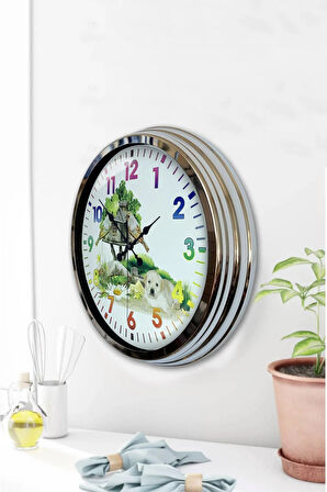 Hediyelik Dekoratif 40 Cm Krom Metal Doğal Yaşam Duvar Saati