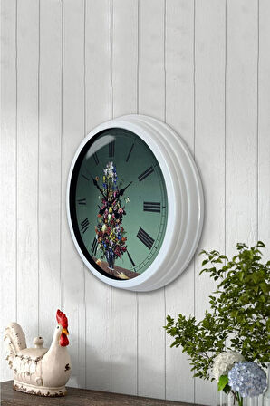 Hediyelik 40 Cm Beyaz Metal Vazolu Çiçek Duvar Saati