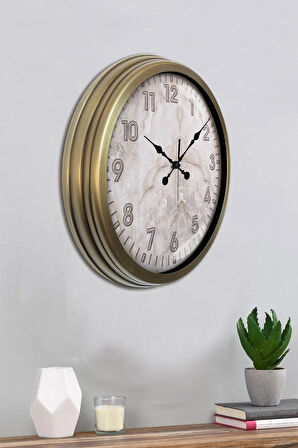 Duvar Saati 40 Cm Metal Beyaz Renk Mermer Desen Modeli