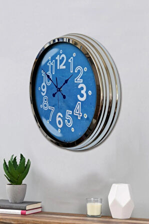 Hediyelik Duvar Saati 40 Cm Metal Krom Renk Mavi Modeli