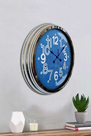 Hediyelik Duvar Saati 40 Cm Metal Krom Renk Mavi Modeli