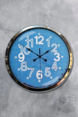 Hediyelik Duvar Saati 40 Cm Metal Krom Renk Mavi Modeli