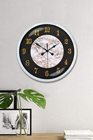 Duvar Saati 40 Cm Metal Beyaz Renk Mermer Desen Modeli