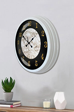Duvar Saati 40 Cm Metal Beyaz Renk Mermer Desen Modeli