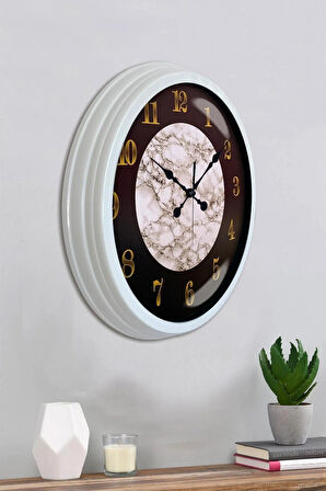 Duvar Saati 40 Cm Metal Beyaz Renk Mermer Desen Modeli