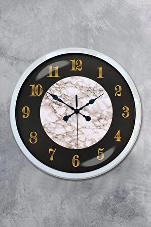 Duvar Saati 40 Cm Metal Beyaz Renk Mermer Desen Modeli