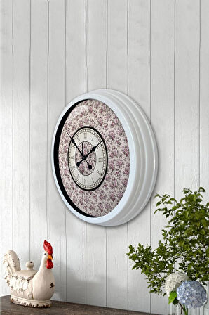 40 Cm Beyaz Metal Mor Çiçek Duvar Saati