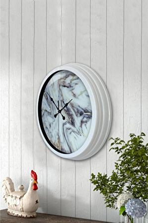 40 Cm Beyaz Metal Mermer Desenli Duvar Saati