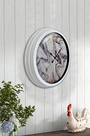 40 Cm Beyaz Metal Mermer Desenli Duvar Saati