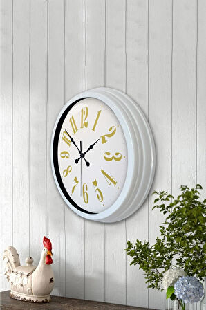Hediyelik 40 Cm Beyaz Metal Sarı Rakamlı Duvar Saati