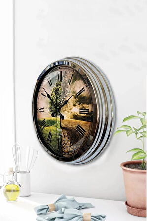 Hediyelik 40 Cm Krom Metal Iklim Duvar Saati