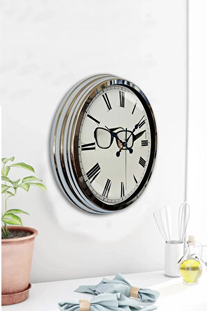 Hediyelik 40 Cm Krom Metal Gözlük Duvar Saati