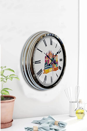 40 Cm Krom Metal Italy Temalı Duvar Saati