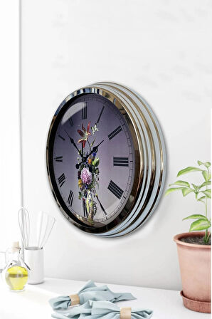 Hediyelik 40 Cm Krom Metal Çiçek Duvar Saati