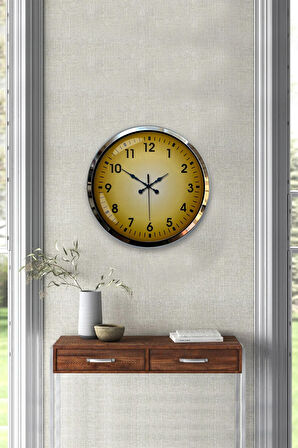 40 Cm Krom Metal Yellow Duvar Saati Hediyelik